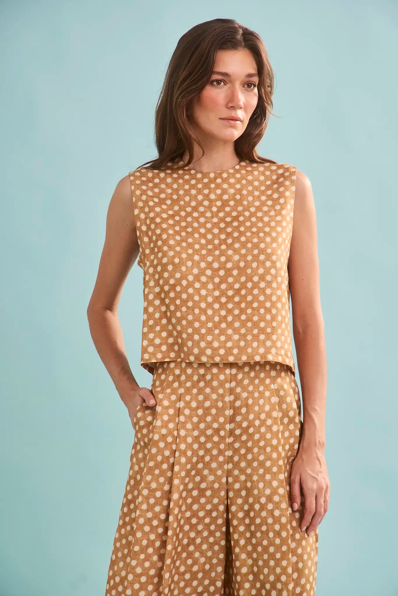 The Manning Top in Coconut Sand Dot paired with matching Cunningham Pant.