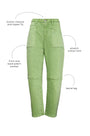 Close up of the Mallory Jean in leaf green denim.