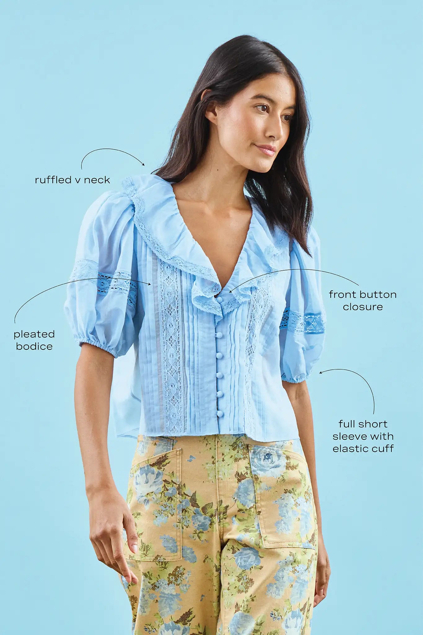 The Mare Top in Sky Blue paired with Mallory Jeans in garden rose periwinkle with call outs.