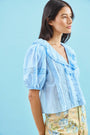 The Mare Top in Sky Blue paired with Mallory Jeans in garden rose periwinkle.