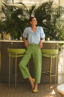 The Mallory Jean in leaf green denim paired with Mare Top in Sky Blue.