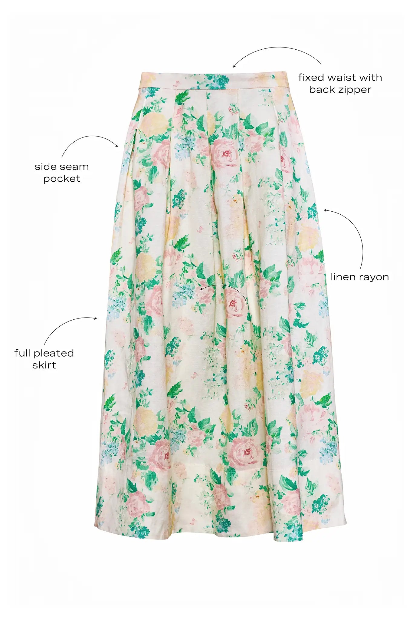 The Alexis Skirt in Garden Rose Peony paired with white Mare Top with blue background.