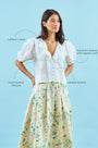 The Mare top in white paired with Alexis Skirt in Garden Rose Peony with call outs.