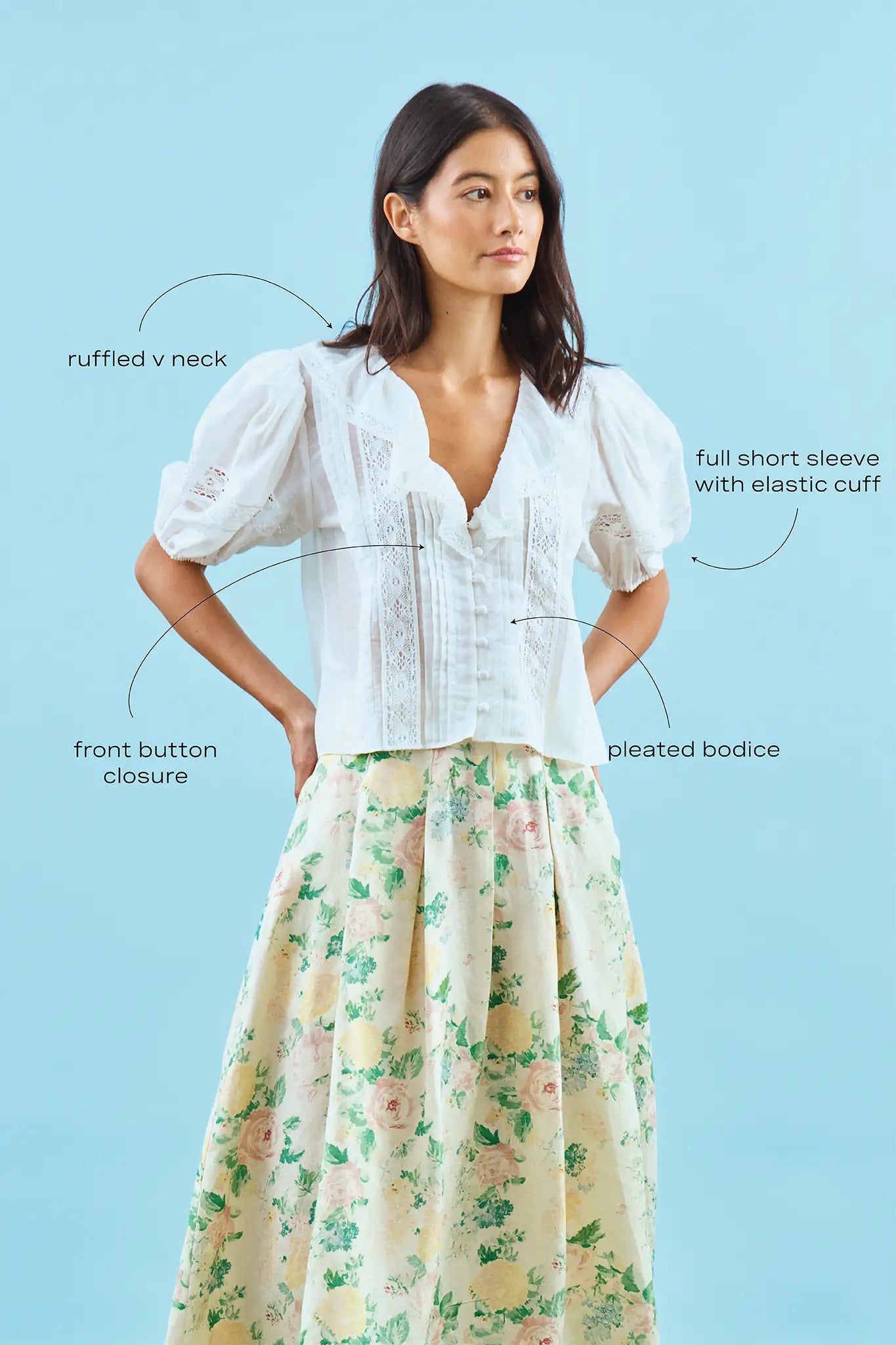 The Mare top in white paired with Alexis Skirt in Garden Rose Peony with call outs.