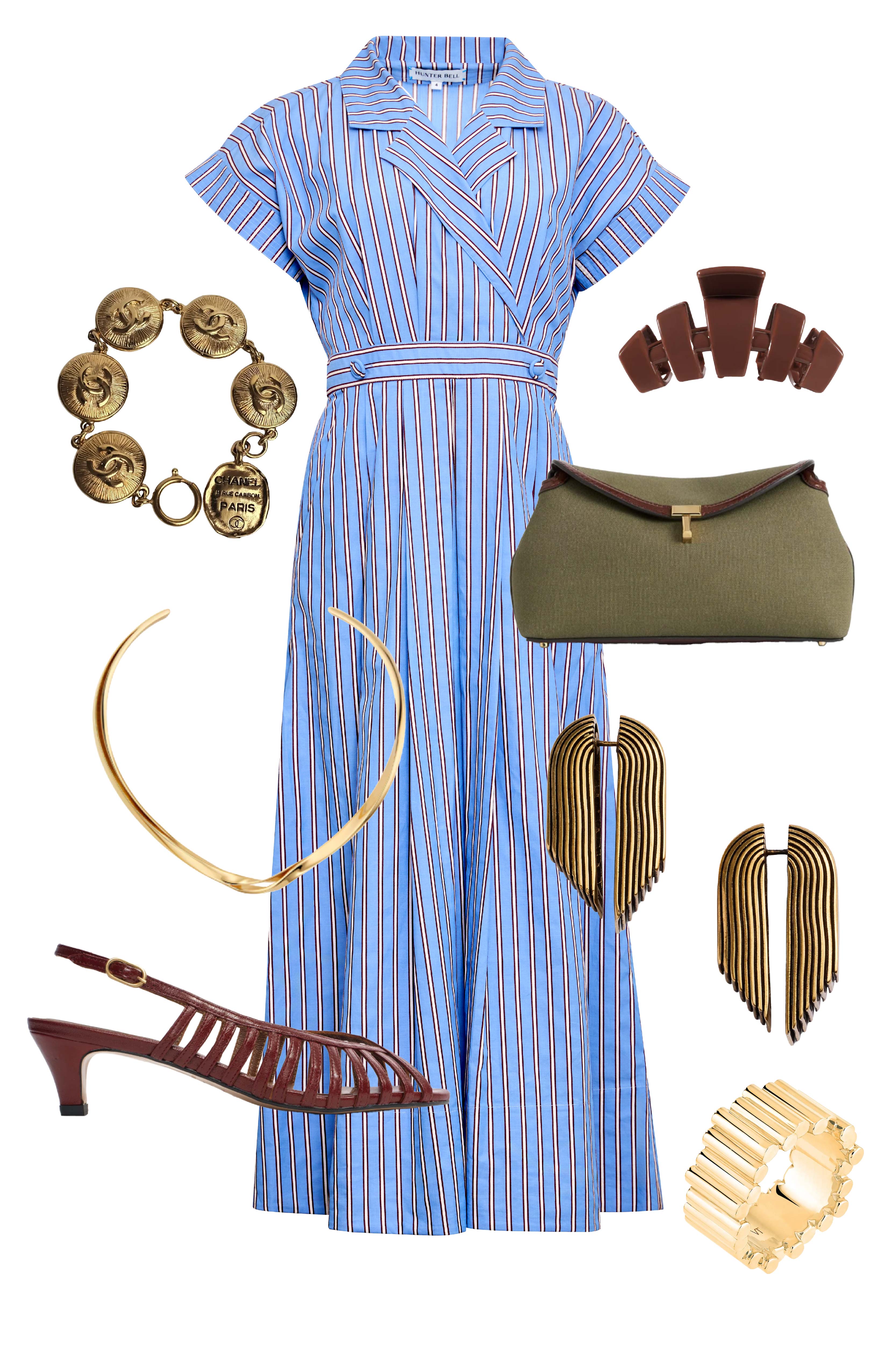 The Sloane Dress has a V-neckline, short banded sleeves, a fitted waist, and full midi-length skirt.