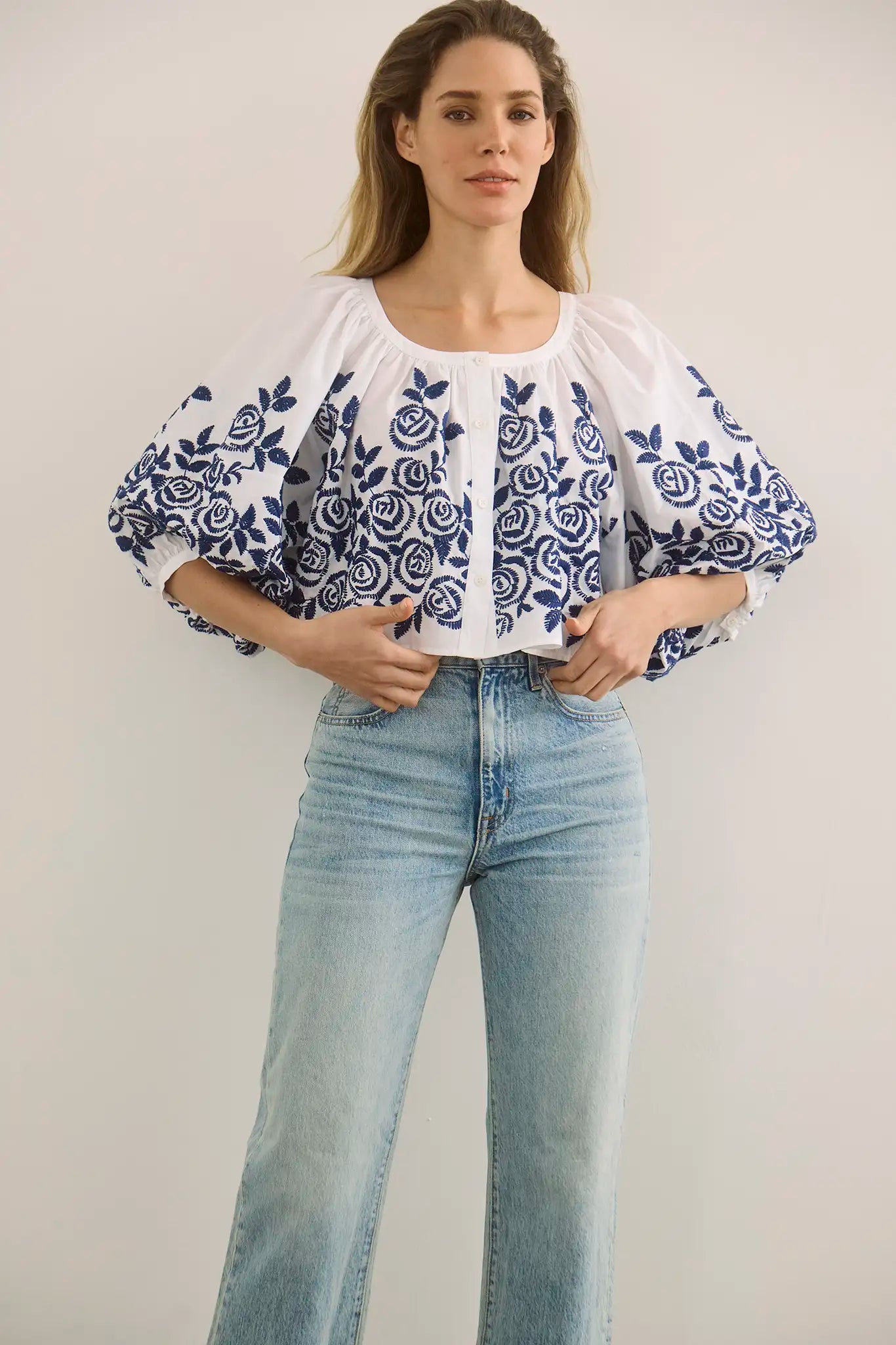 The Marie Top in White Rose Fence paired with denim. 