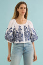 The Marie Top in White Rose Fence paired with denim. 