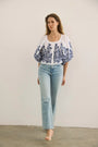 The Marie Top in White Rose Fence paired with denim. 