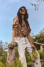 The Marigold Top in Gertrude paired with the Wray Pant in washed blue denim. 