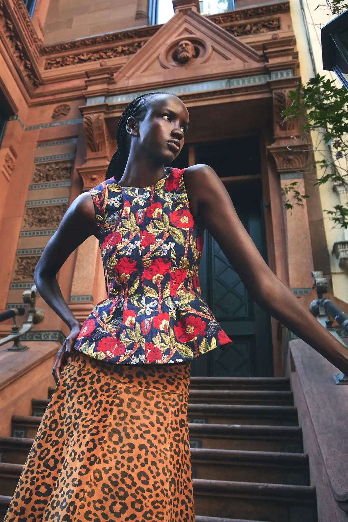 The Marlow Top in Palais Floral Gold paired with the Ida Skirt in Soho Leopard Camel. 