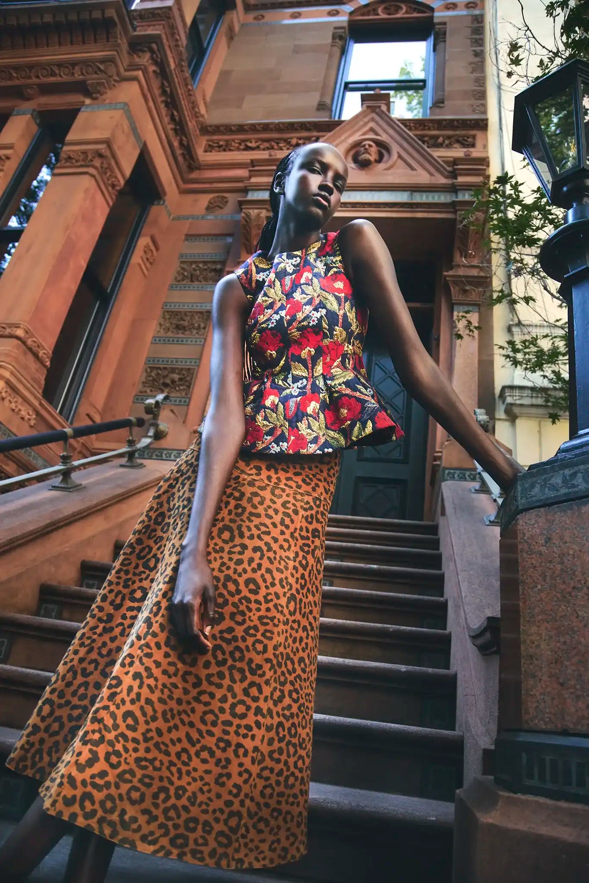 The Marlow Top in Palais Floral Gold paired with the Ida Skirt in Soho Leopard Camel. 