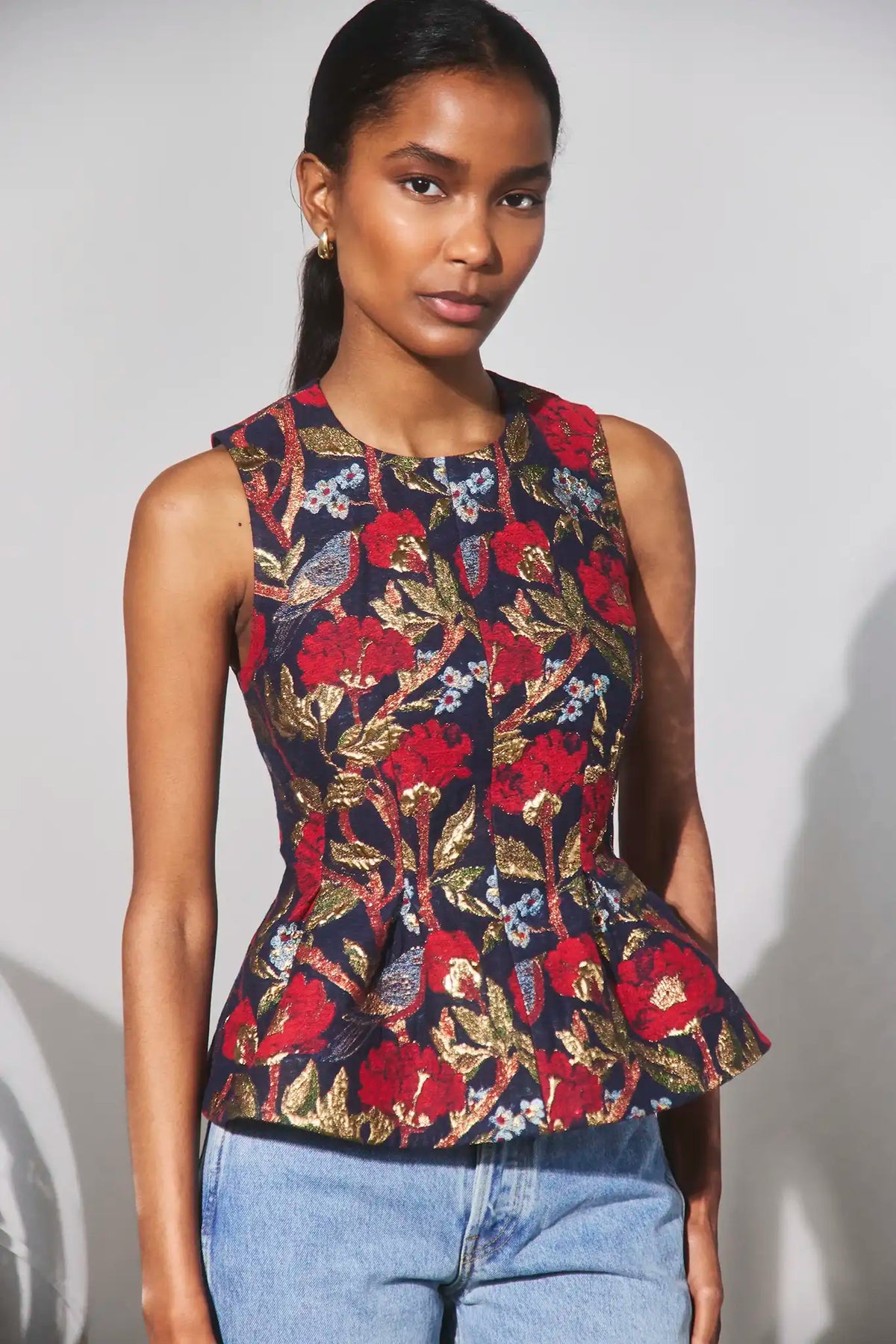 The Marlow Top in Palais Floral Gold paired with denim.