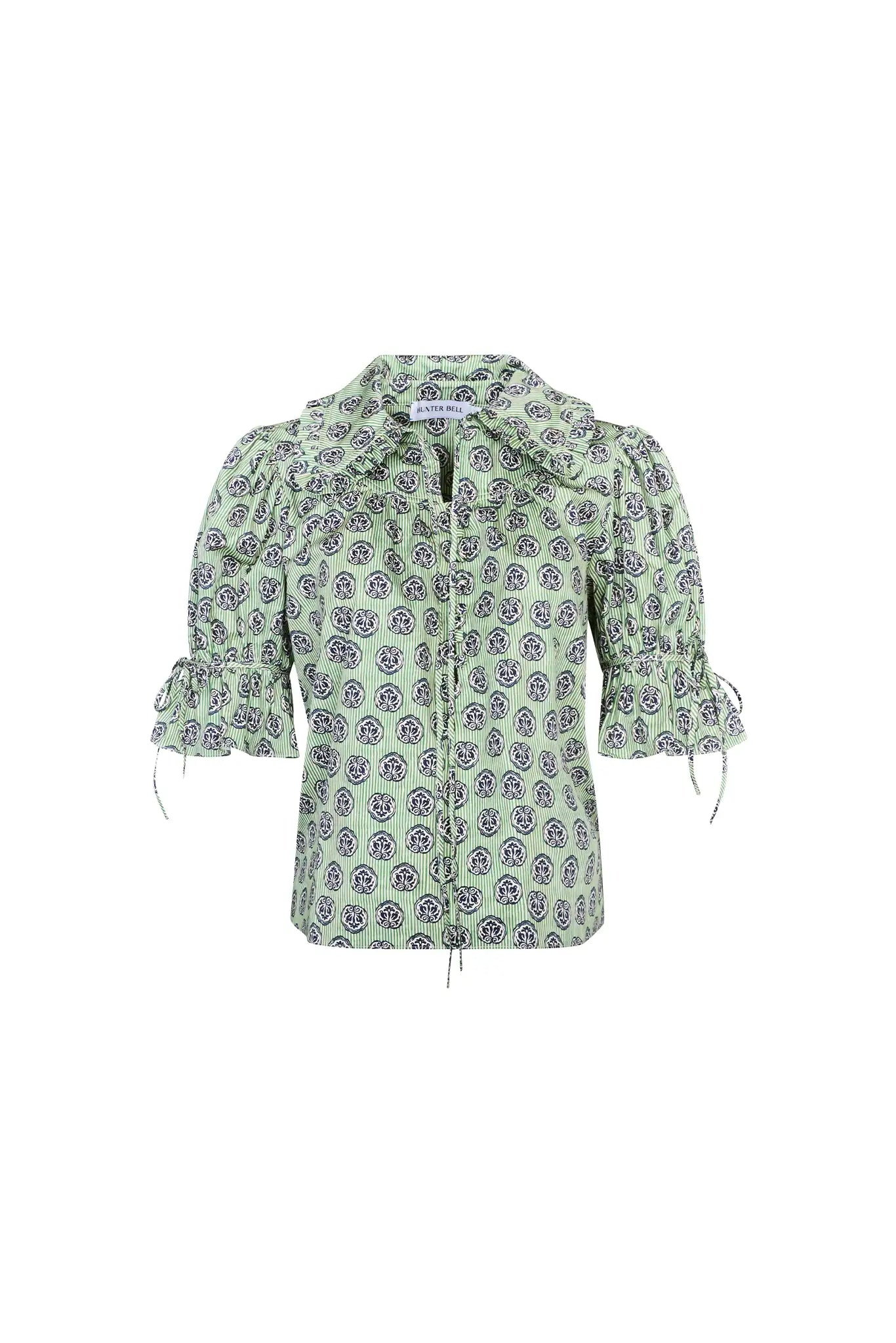 Navy Bird Block lightweight cotton sateen blouse with a relaxed collared silhouette & pintuck detail