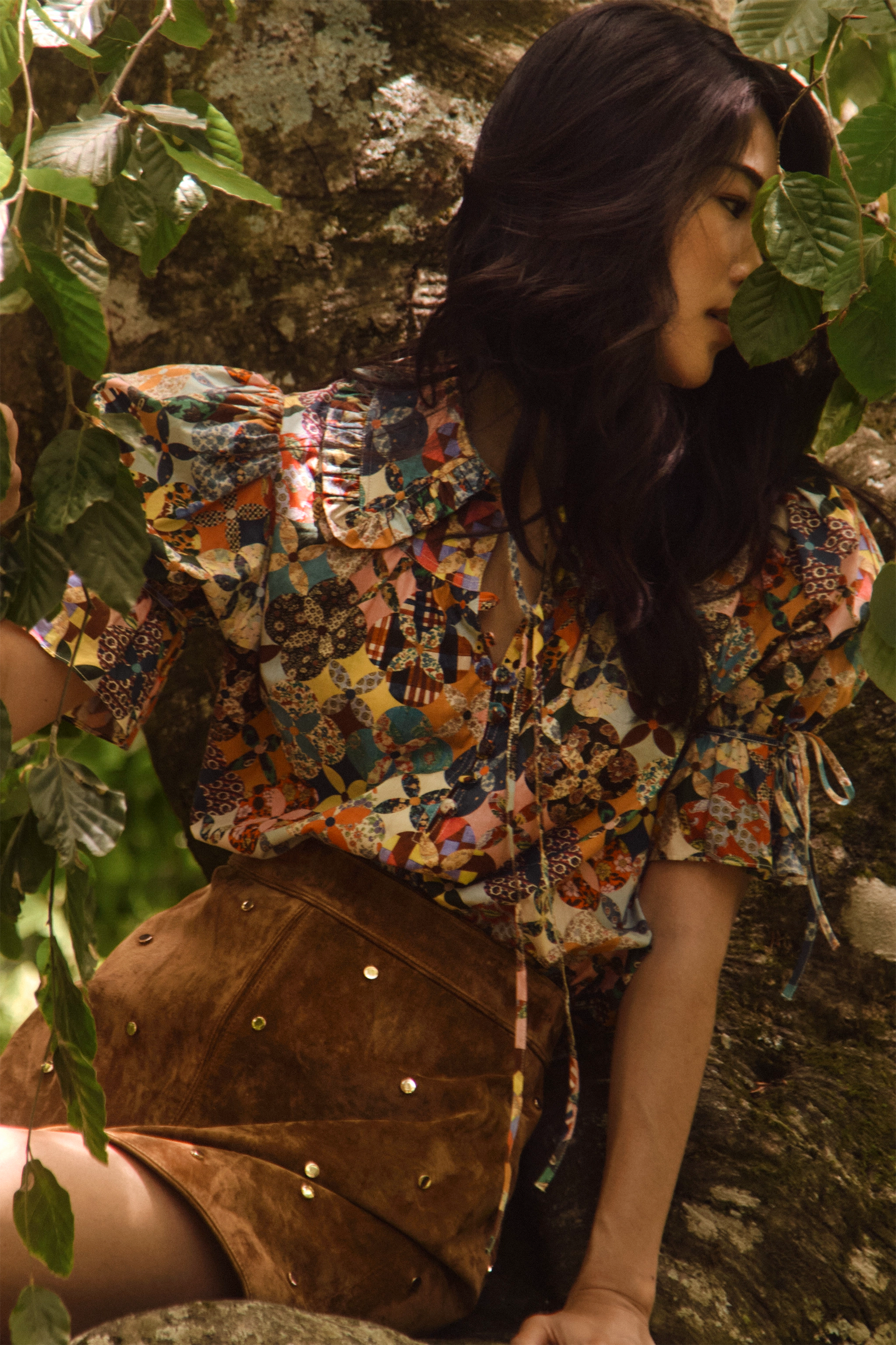 The Mayfair Blouse in Picnic Quilt paired with the Dottie Mini Skirt in Saddle. 