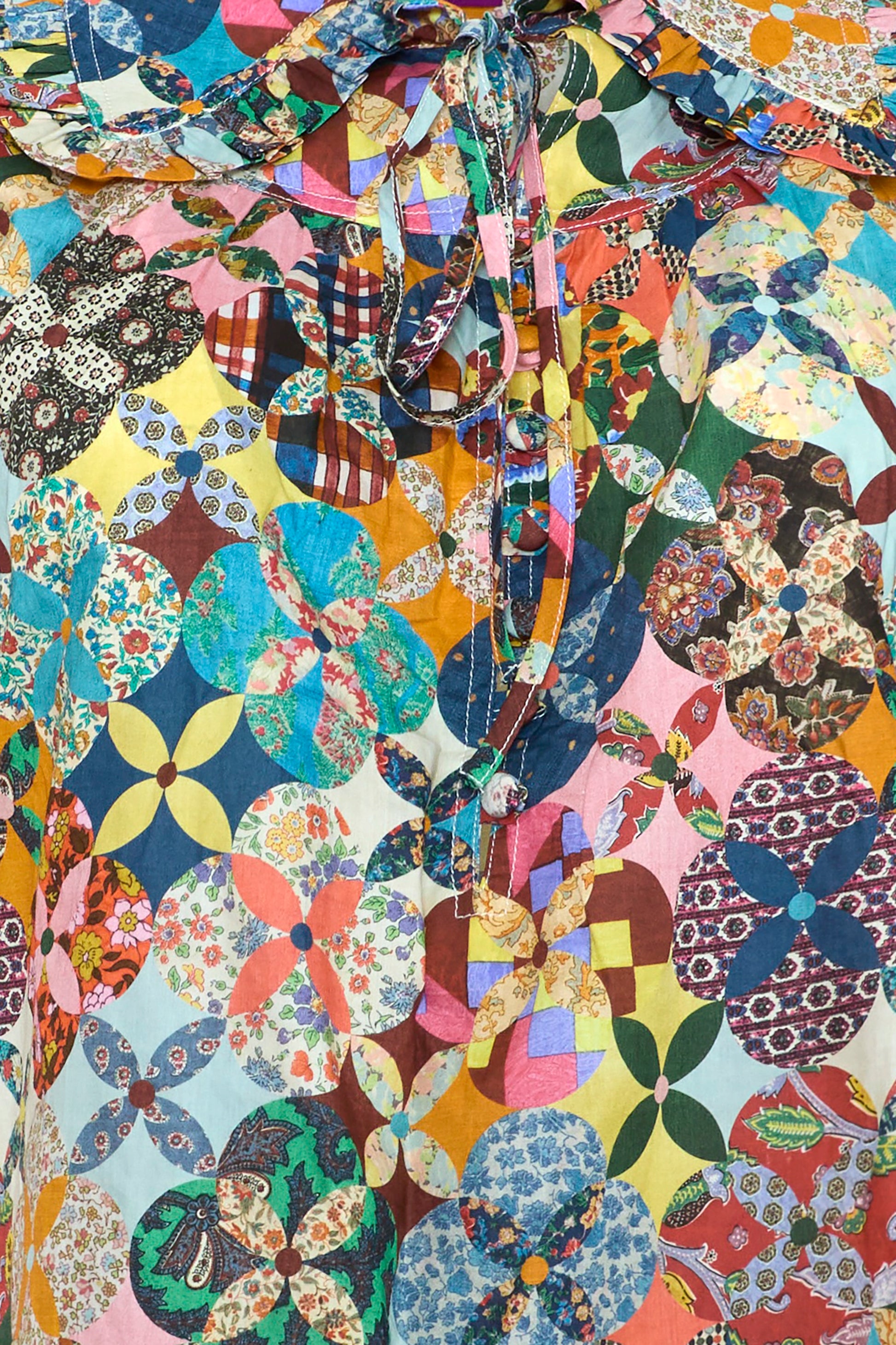 Close up of the Mayfair Blouse in Picnic Quilt. 
