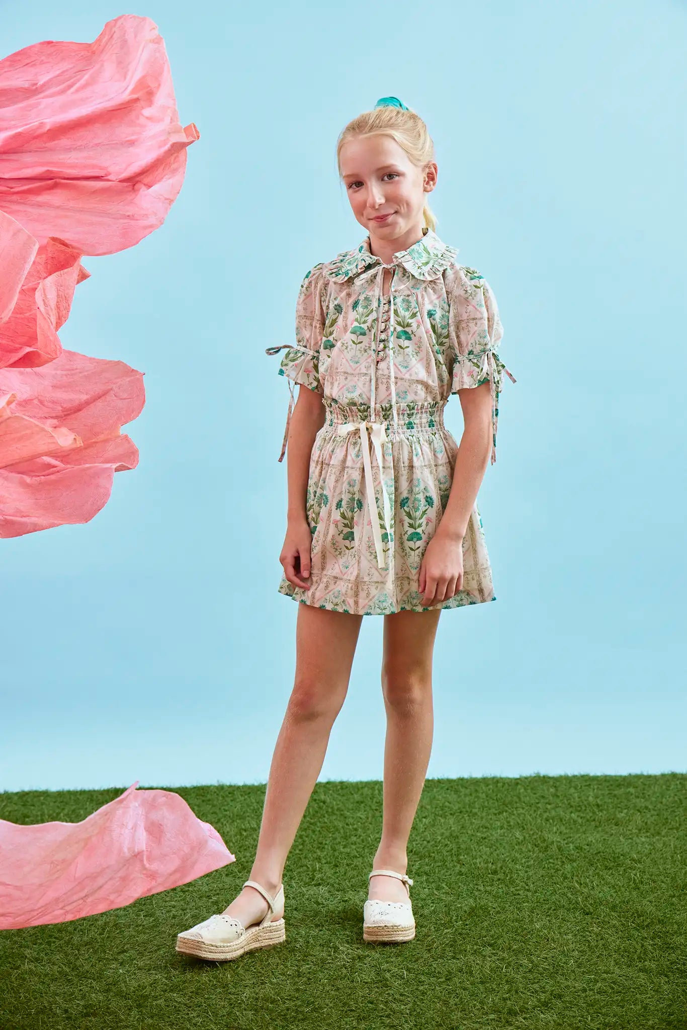 The Rosie Skirt in Pink Trellis paired with matching Kids Mayfair Top.