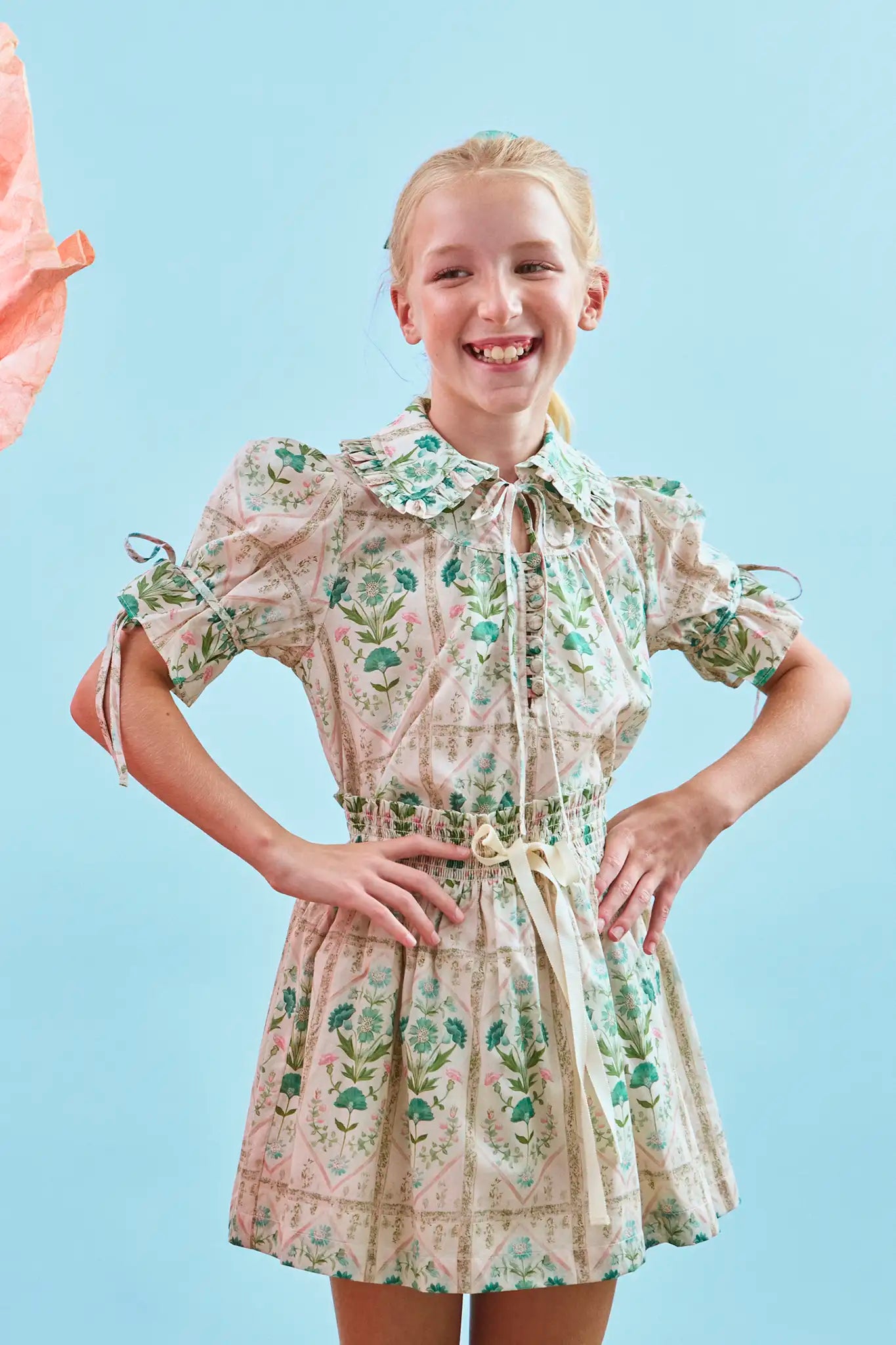 The Kids Mayfair Top in Pink Trellis paired with matching Rosie Skirt.