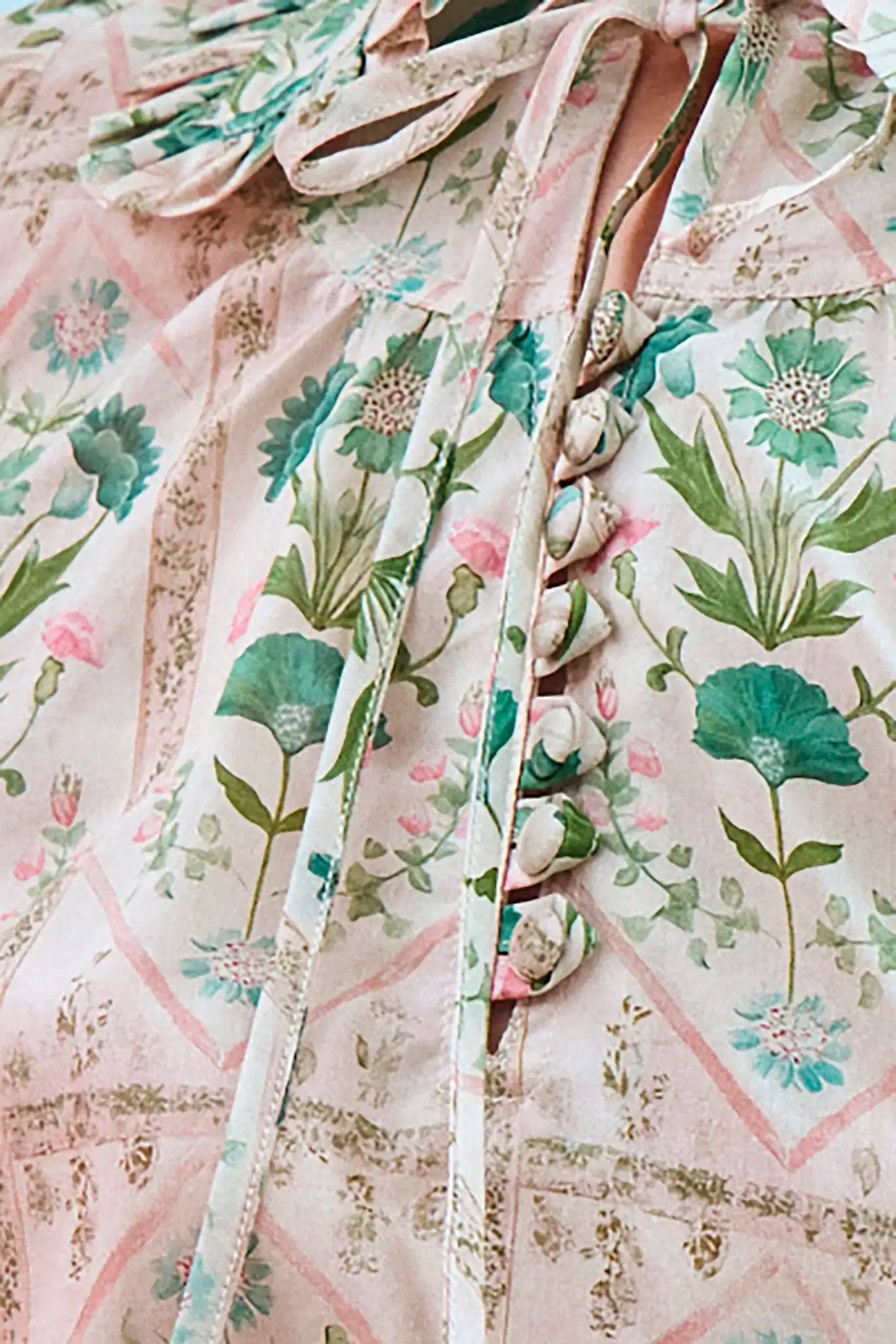 Close up of the Kids Mayfair Top in Pink Trellis paired with matching Rosie Skirt.