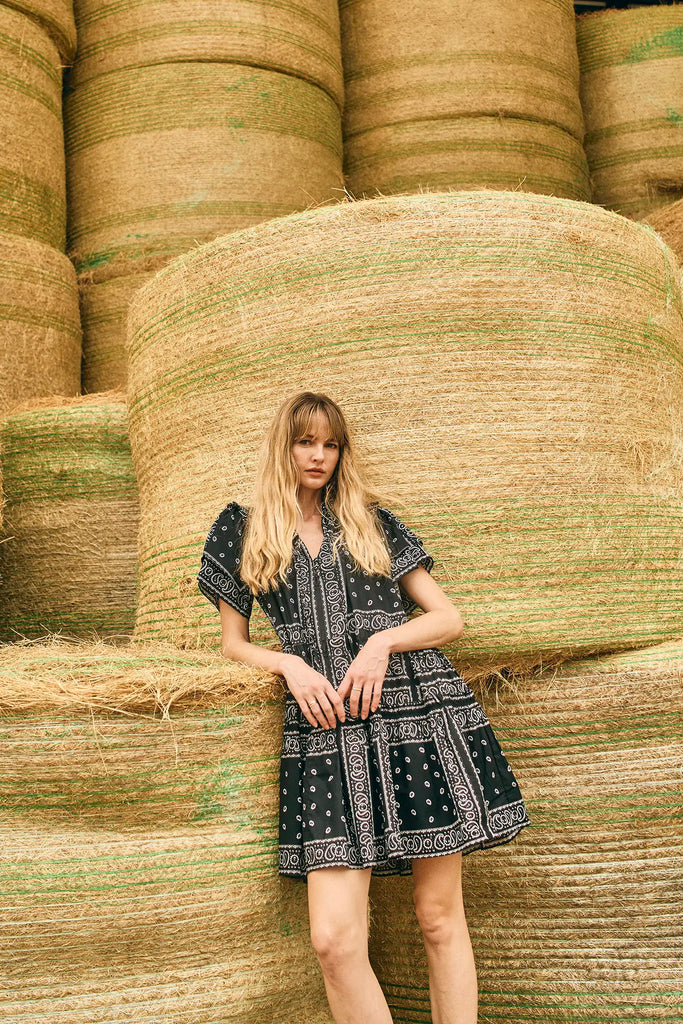 The Merritt Dress has a swing silhouette, ruffle detailing along the V-neck, and a tiered bodice.