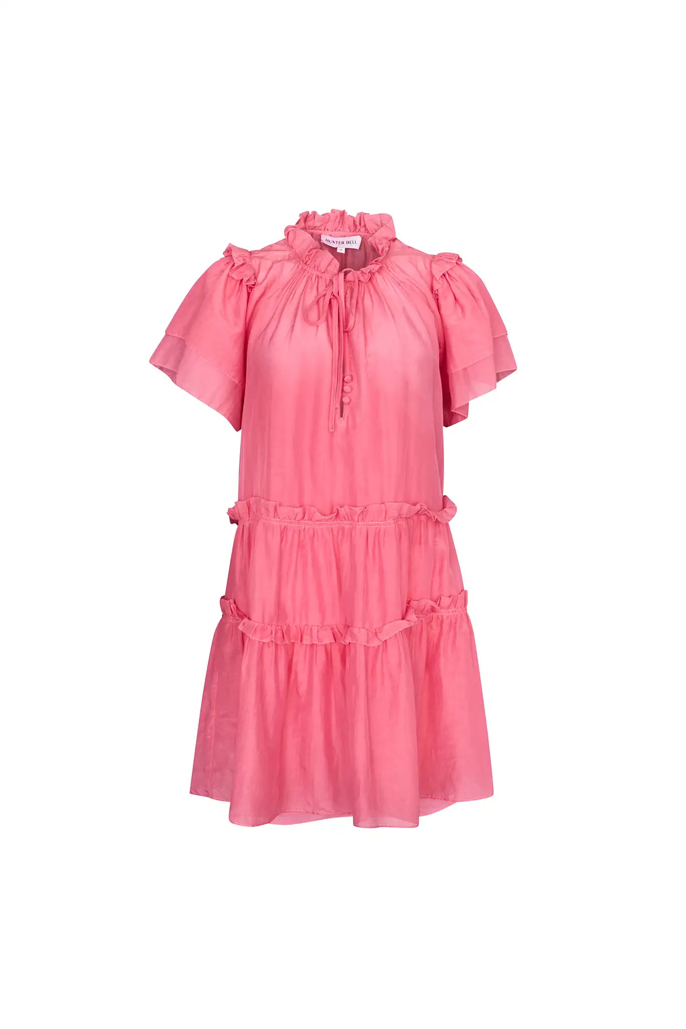 Peony cotton-silk voile swing mini dress with a ruffled crew neckline & short tiered flutter sleeves
