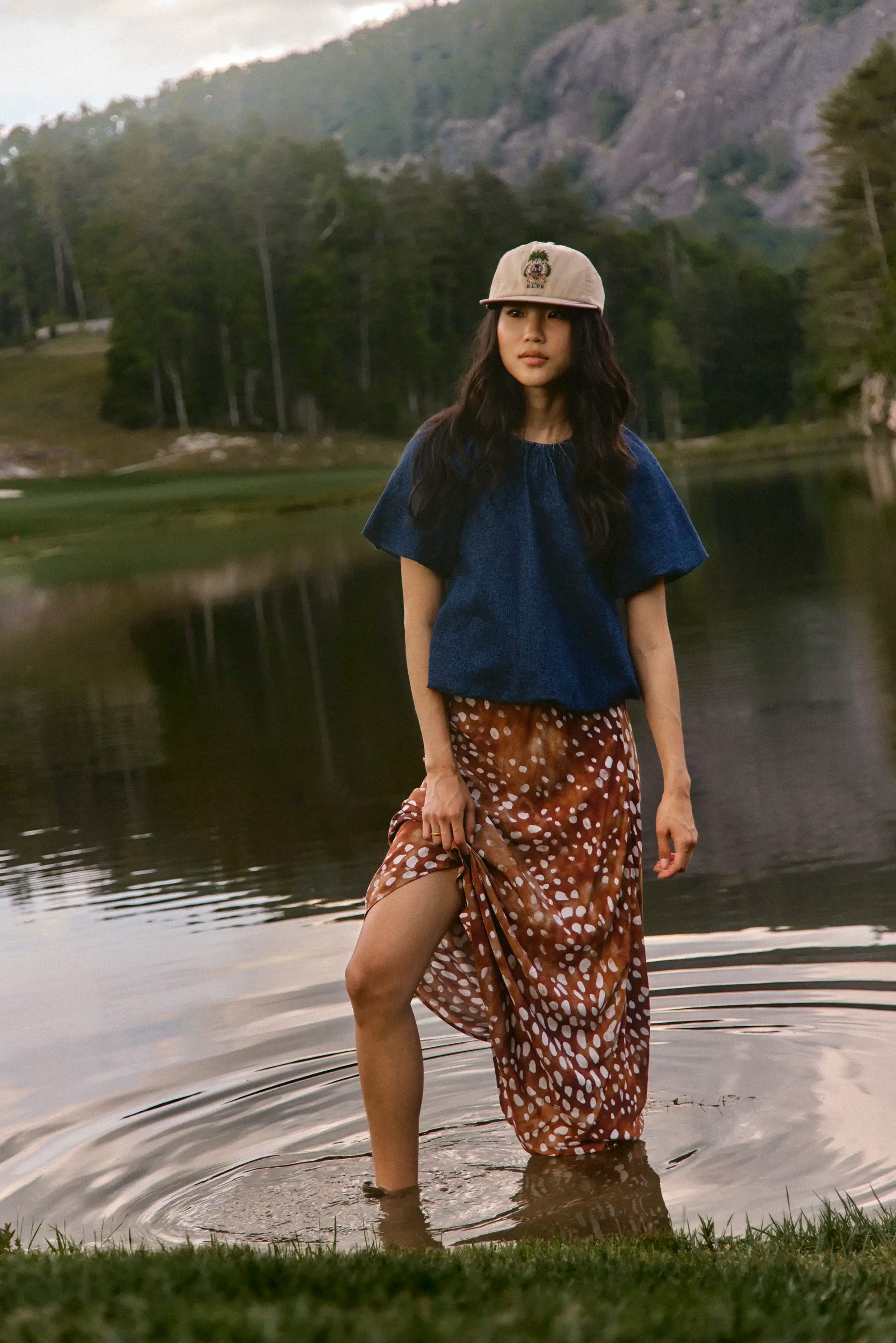 The Suki Skirt in Dappled Doe paired with the Mika Top in Blue Ridge Denim. 