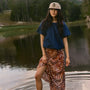 The Suki Skirt in Dappled Doe paired with the Mika Top in Blue Ridge Denim. 
