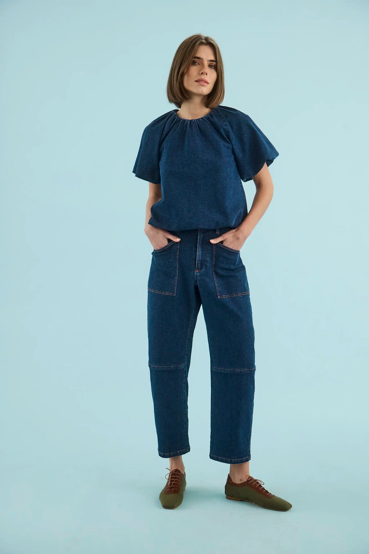 The Mika Top in Blue Ridge Denim paired with the matching Mallory Jean. 