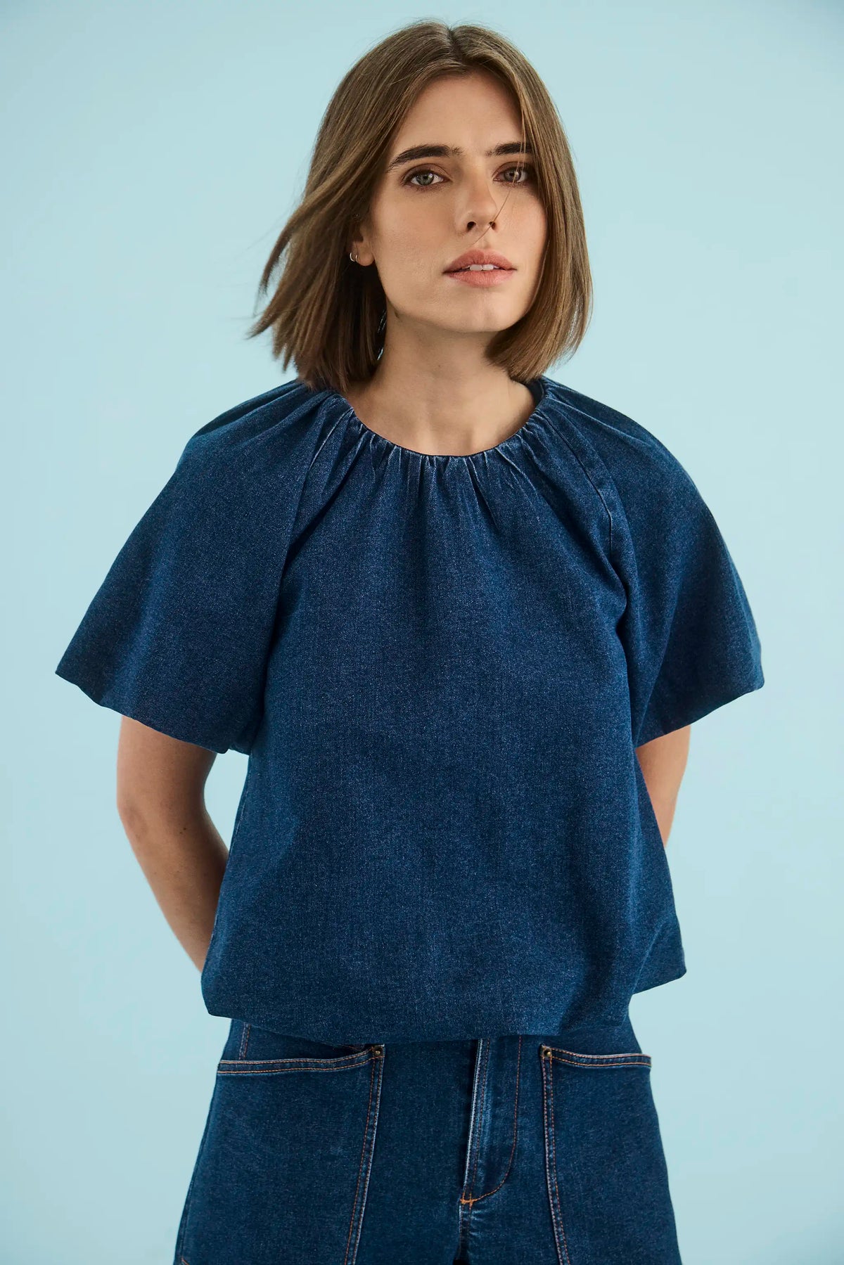 The Mika Top in Blue Ridge Denim paired with the matching Mallory Jean. 