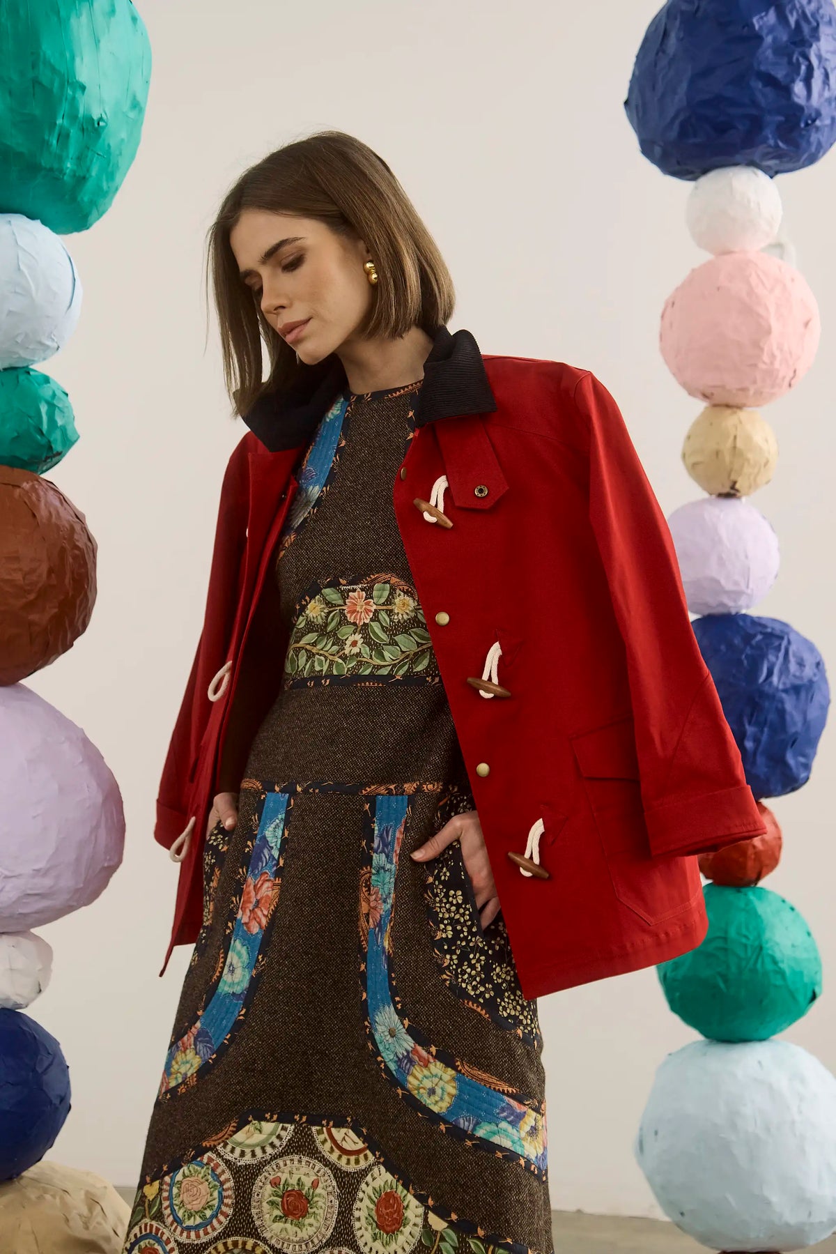 The Moira Dress in High Country Tweed paired with the Keegan Toggle Jacket. 