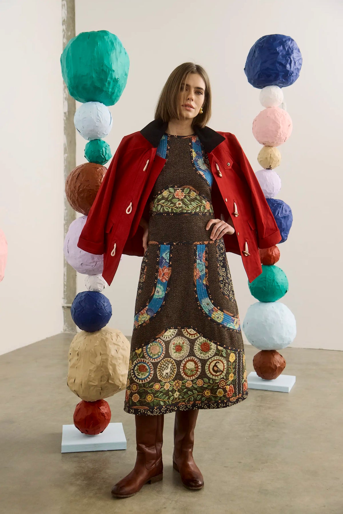 The Keegan Toggle Jacket in Fireside paired with the Moira Dress in High Country Tweed. 