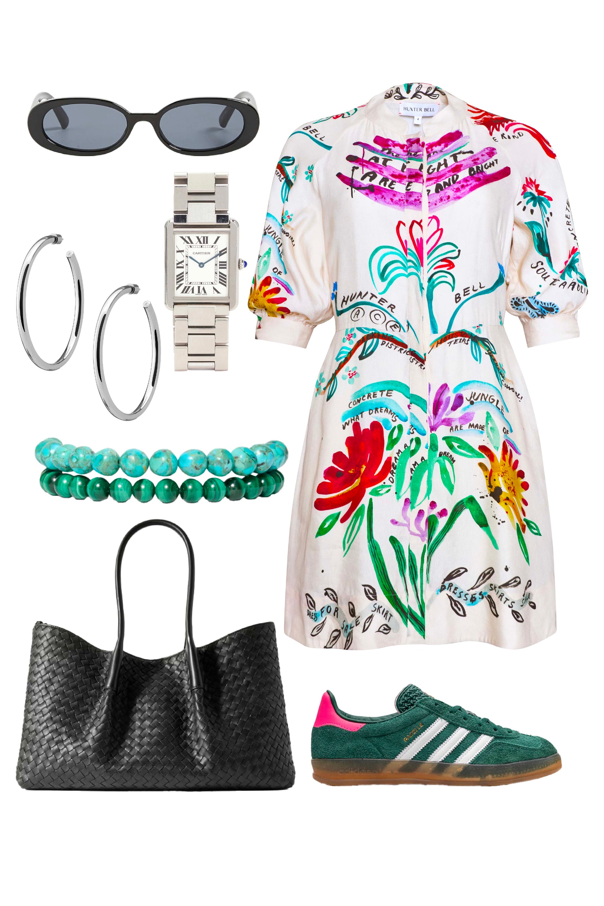 A mini dress with colorful print, front-buttons, mandarin collar, and elbow length sleeves with ties.