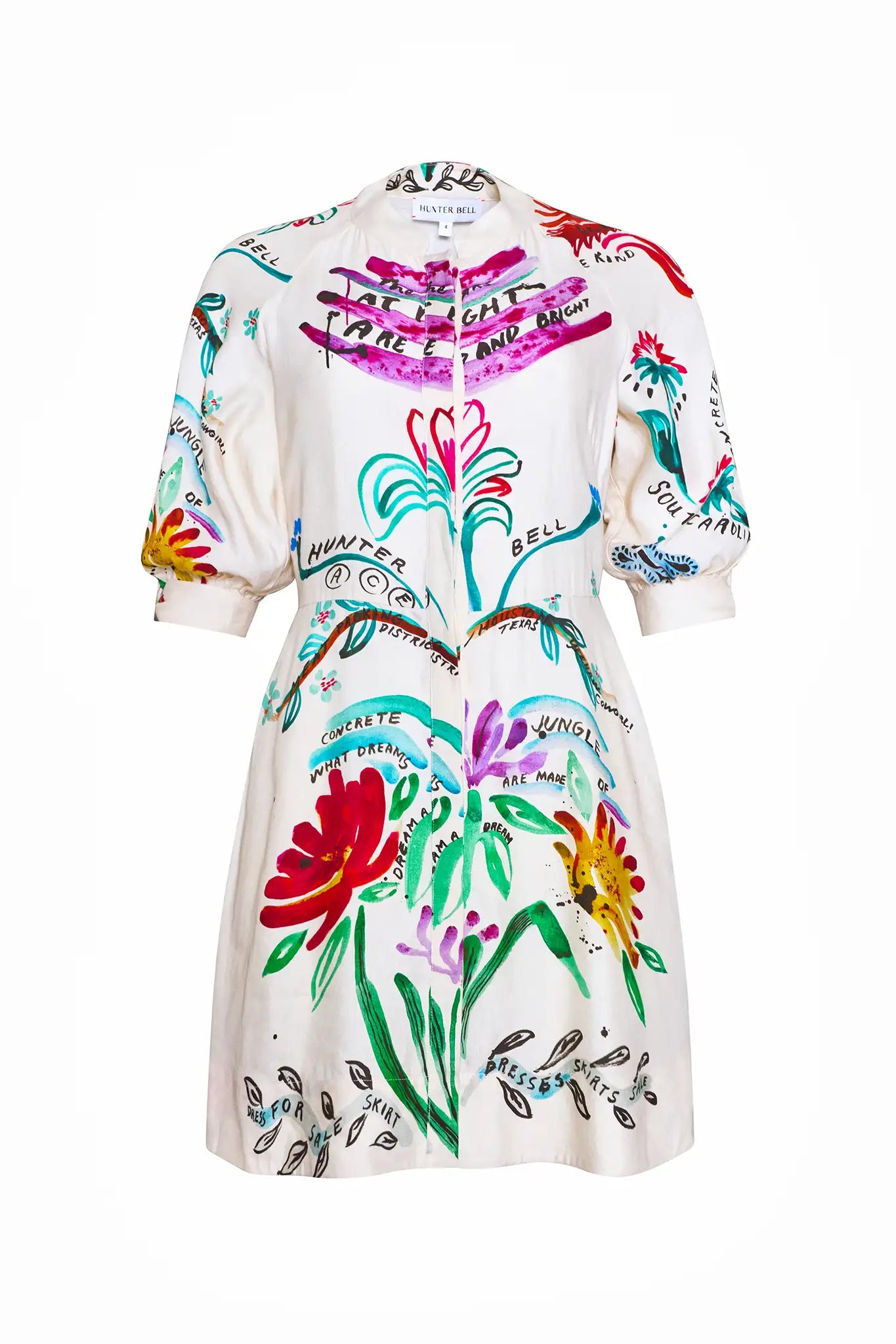 A mini dress with colorful print, front-buttons, mandarin collar, and elbow length sleeves with ties.