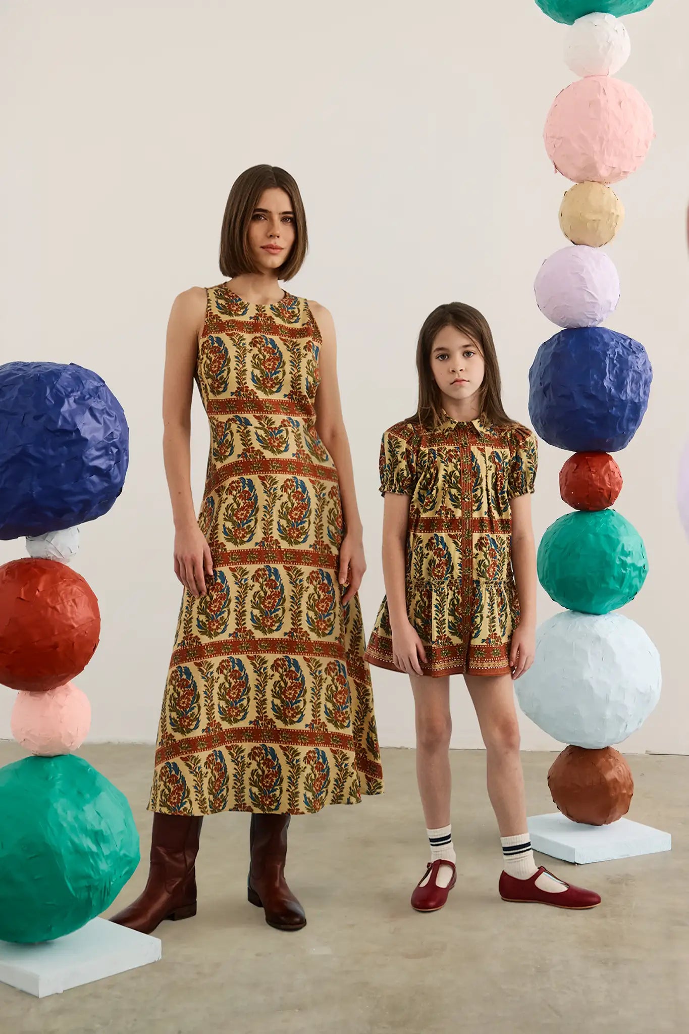 Faith Dress and Kids Drifter Mini Dress in Amber Glen cream.