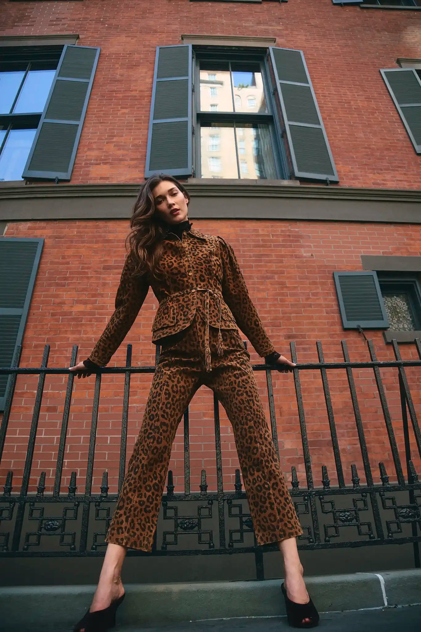 The Hills Pant in Soho Leopard Camel paired with the matching Murphey Jacket.