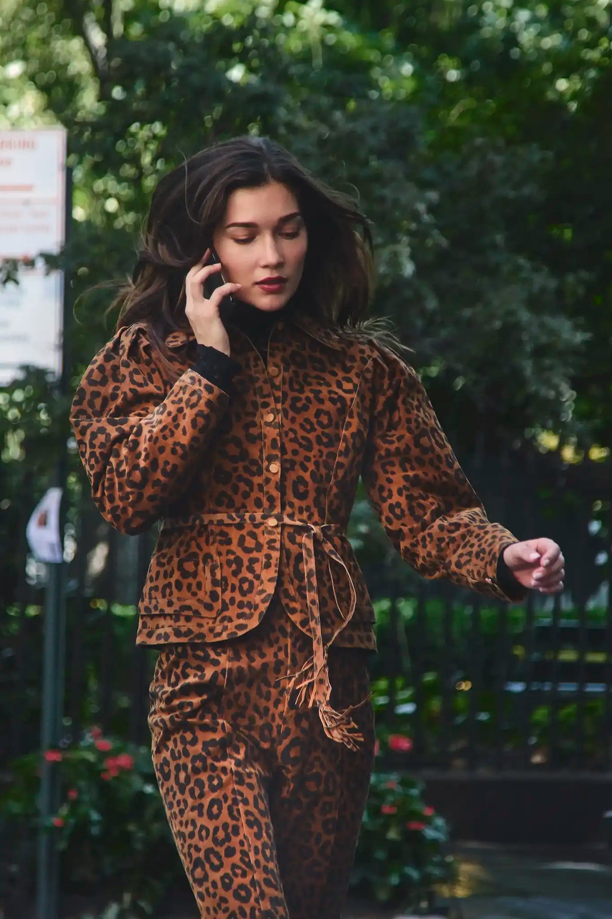 The Hills Pant in Soho Leopard Camel paired with the matching Murphey Jacket.