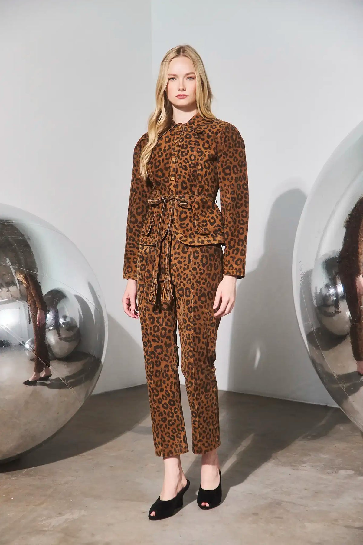 The Hills Pant in Soho Leopard Camel paired with the matching Murphey Jacket.