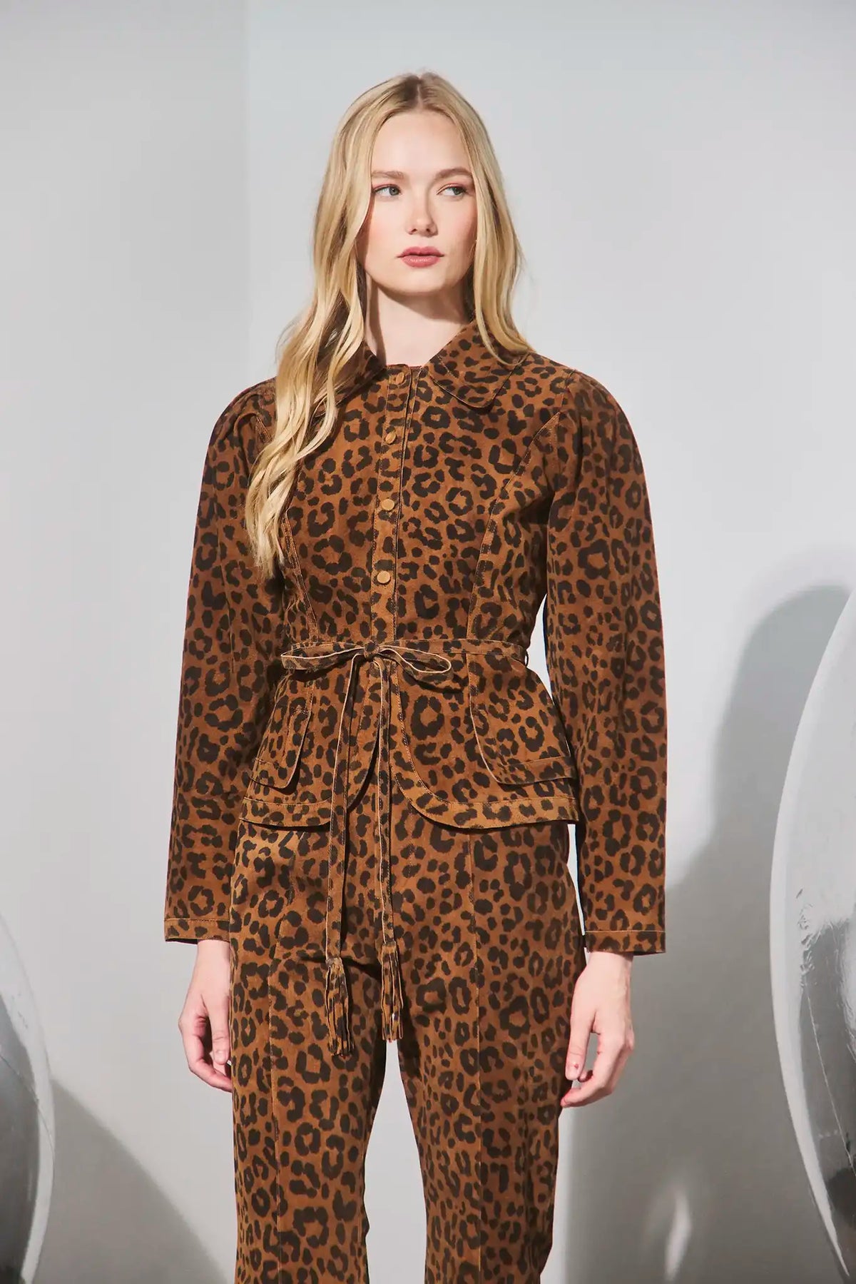 The Hills Pant in Soho Leopard Camel paired with the matching Murphey Jacket.