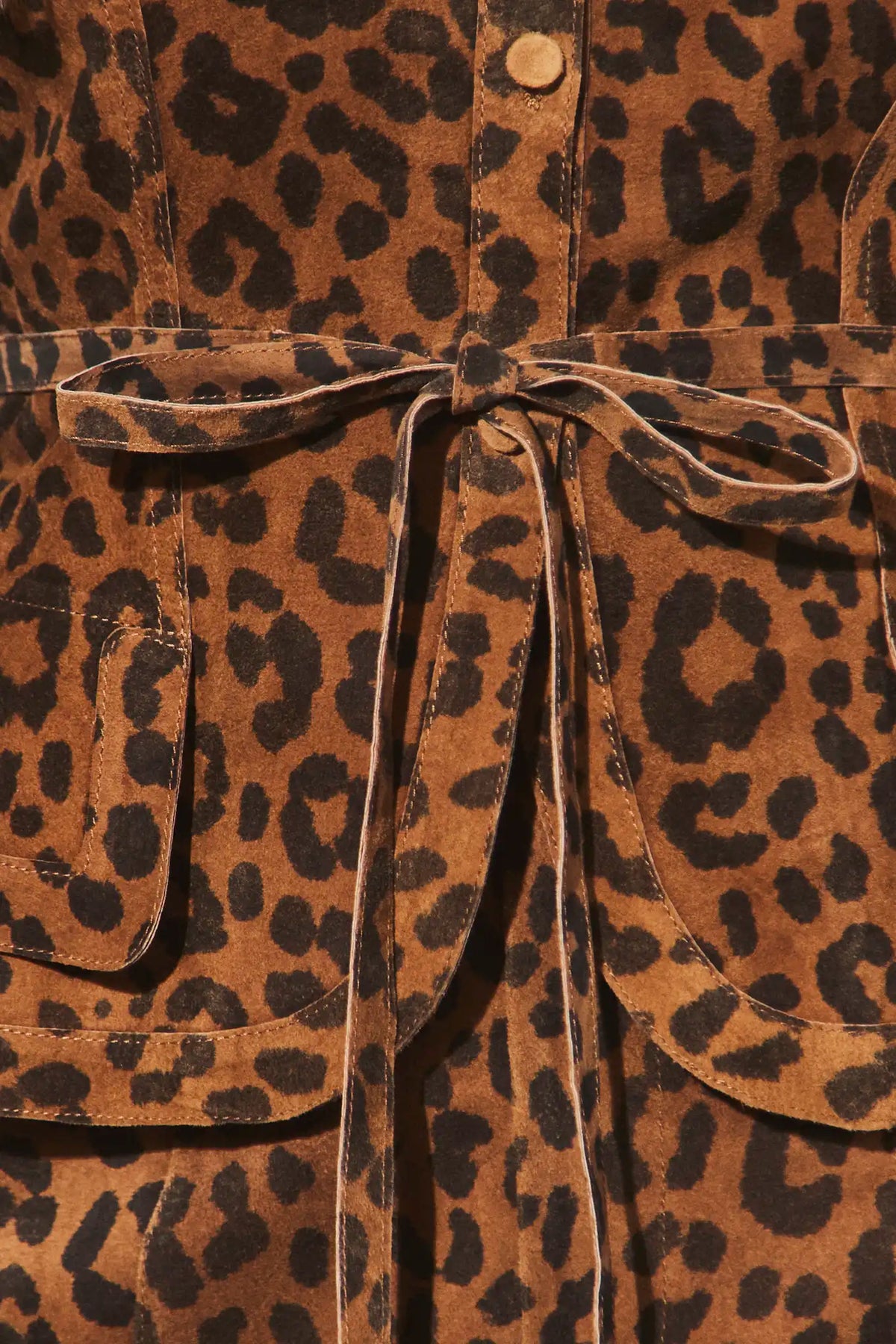 Close up of the Murphey Jacket in Soho Leopard Camel. 