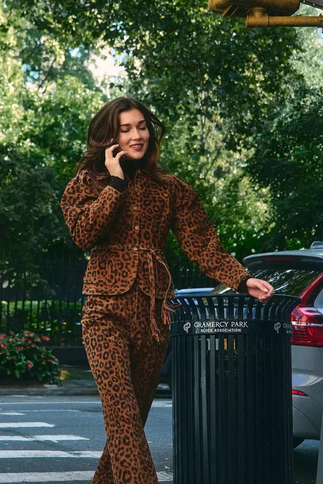 The Hills Pant in Soho Leopard Camel paired with the matching Murphey Jacket.