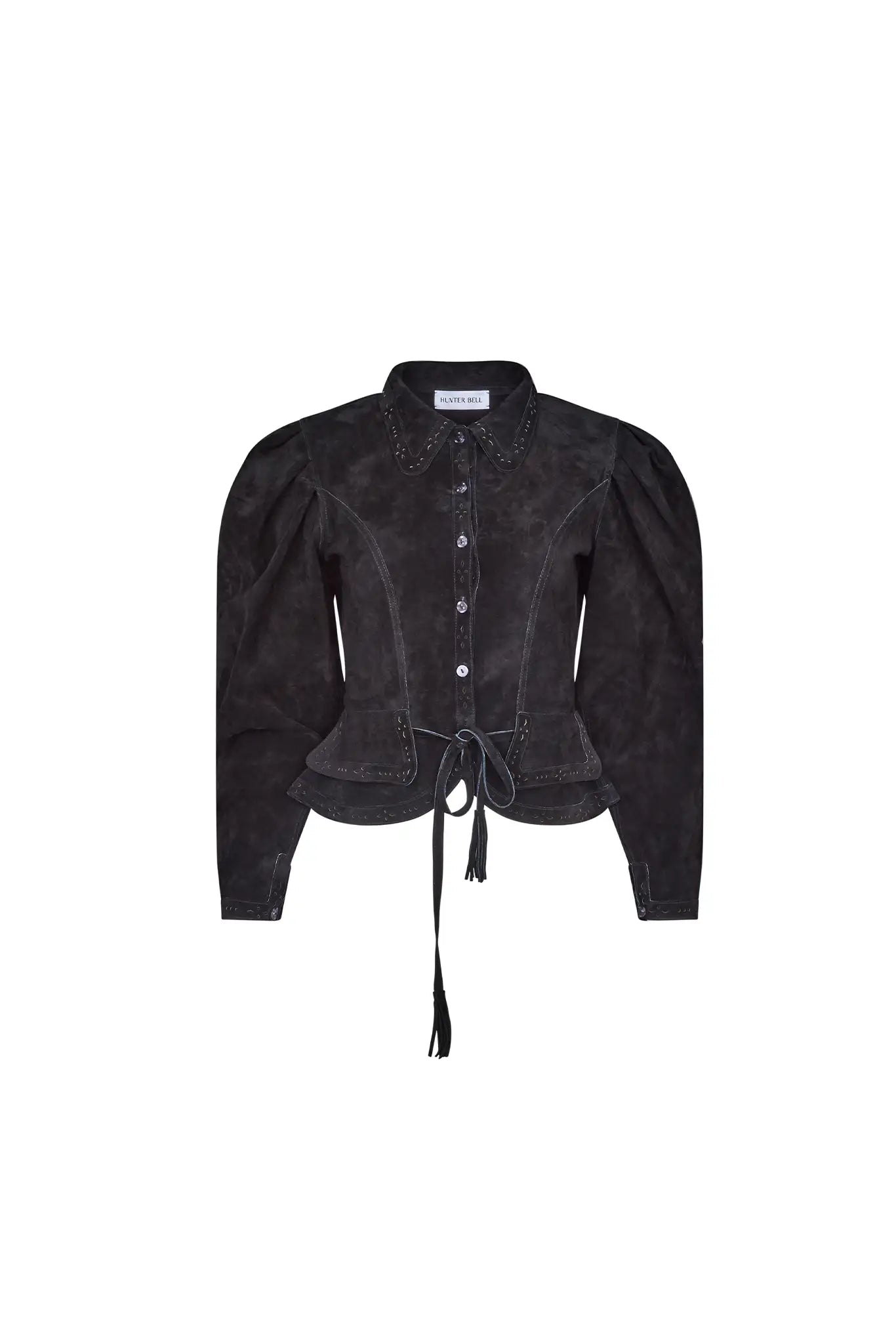 The Murphey Jacket has a button front, long sleeves with button cuffs, and a waist cinched by a belt