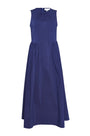 A sleeveless midi navy dress with a fitted bustier bodice, crew neckline, and a bustled full skirt.