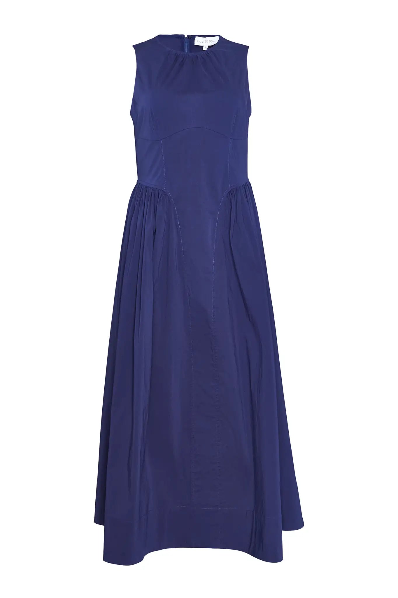 A sleeveless midi navy dress with a fitted bustier bodice, crew neckline, and a bustled full skirt.