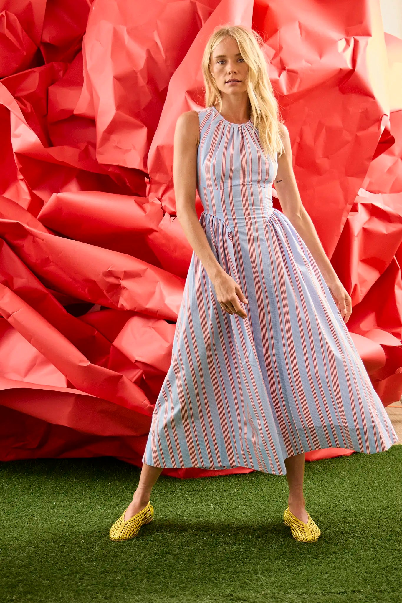 The Nantucket Dress in seaside stripe on model