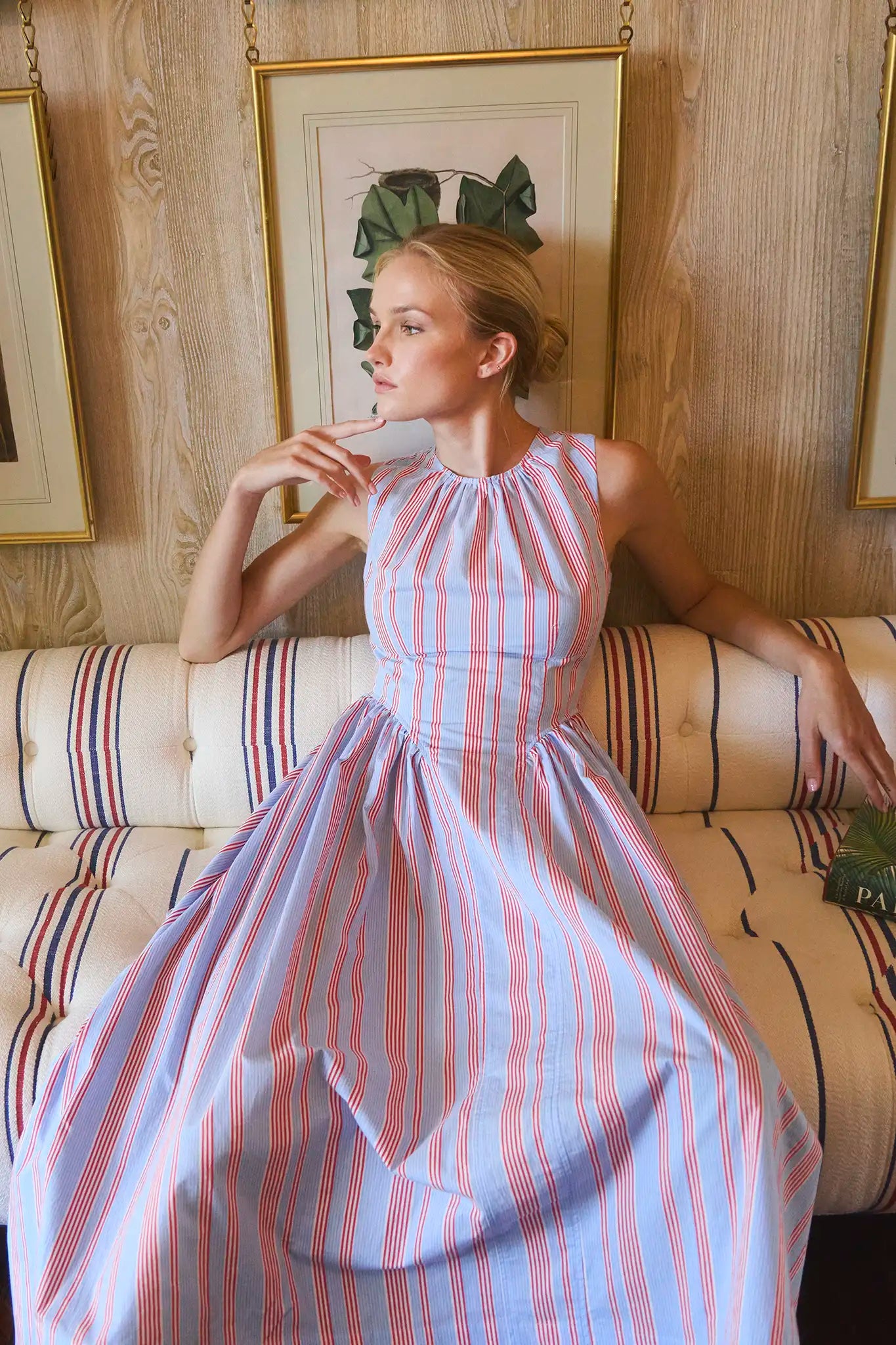 The Nantucket Dress in seaside stripe on model