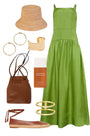 The Newberry Dress, spaghetti strap linen midi dress, in Glass Green styled.