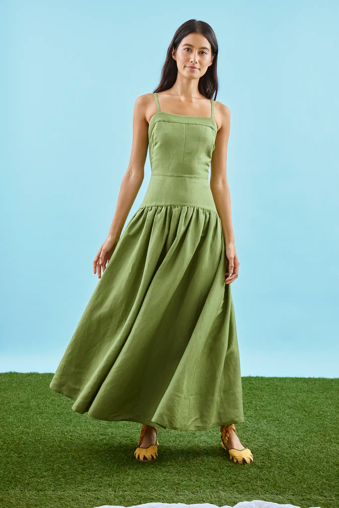 The Newberry Dress, spaghetti strap linen midi dress, in Glass Green.