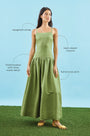 The Newberry Dress, spaghetti strap linen midi dress, in Glass Green with call outs.