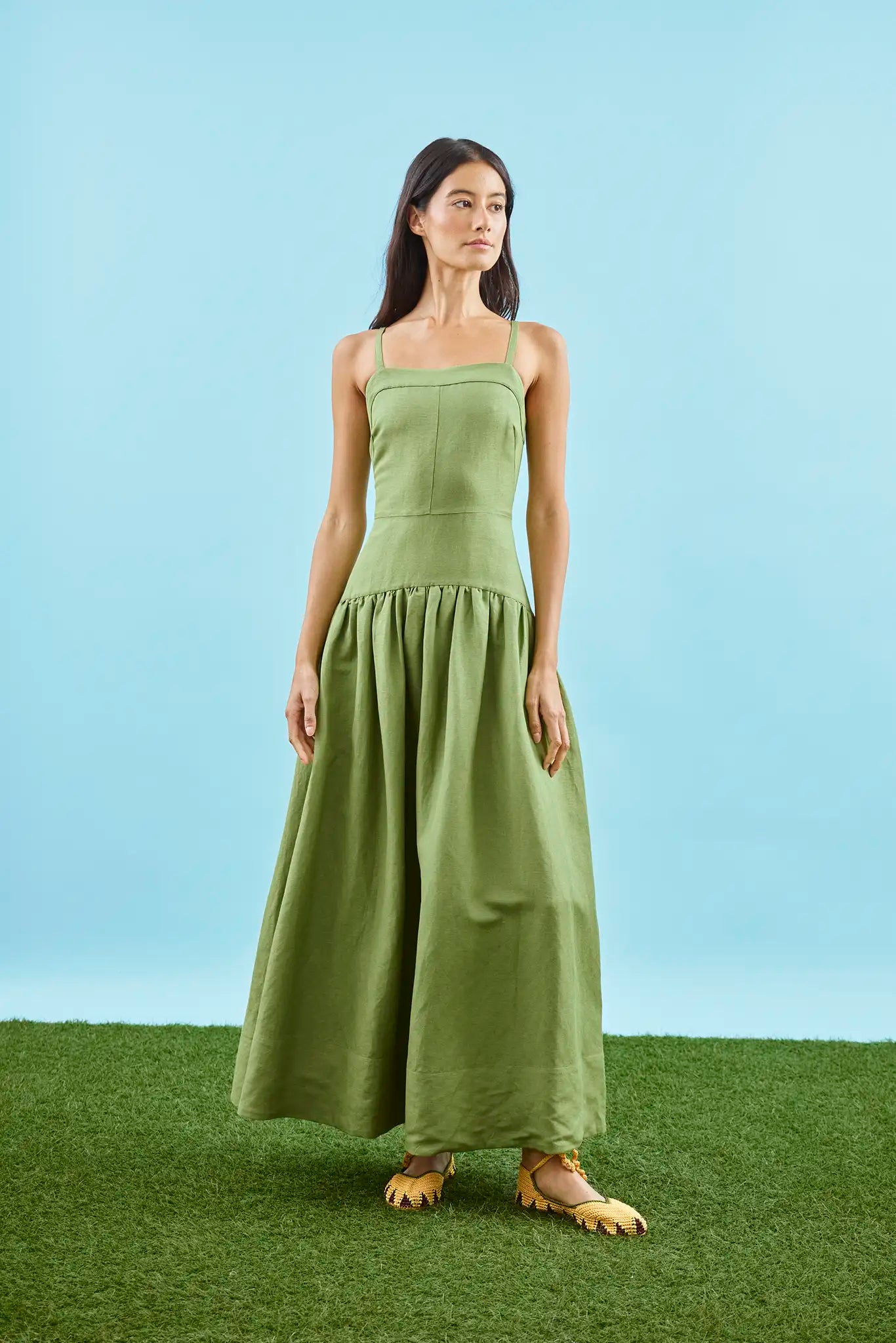 The Newberry Dress, spaghetti strap linen midi dress, in Glass Green.