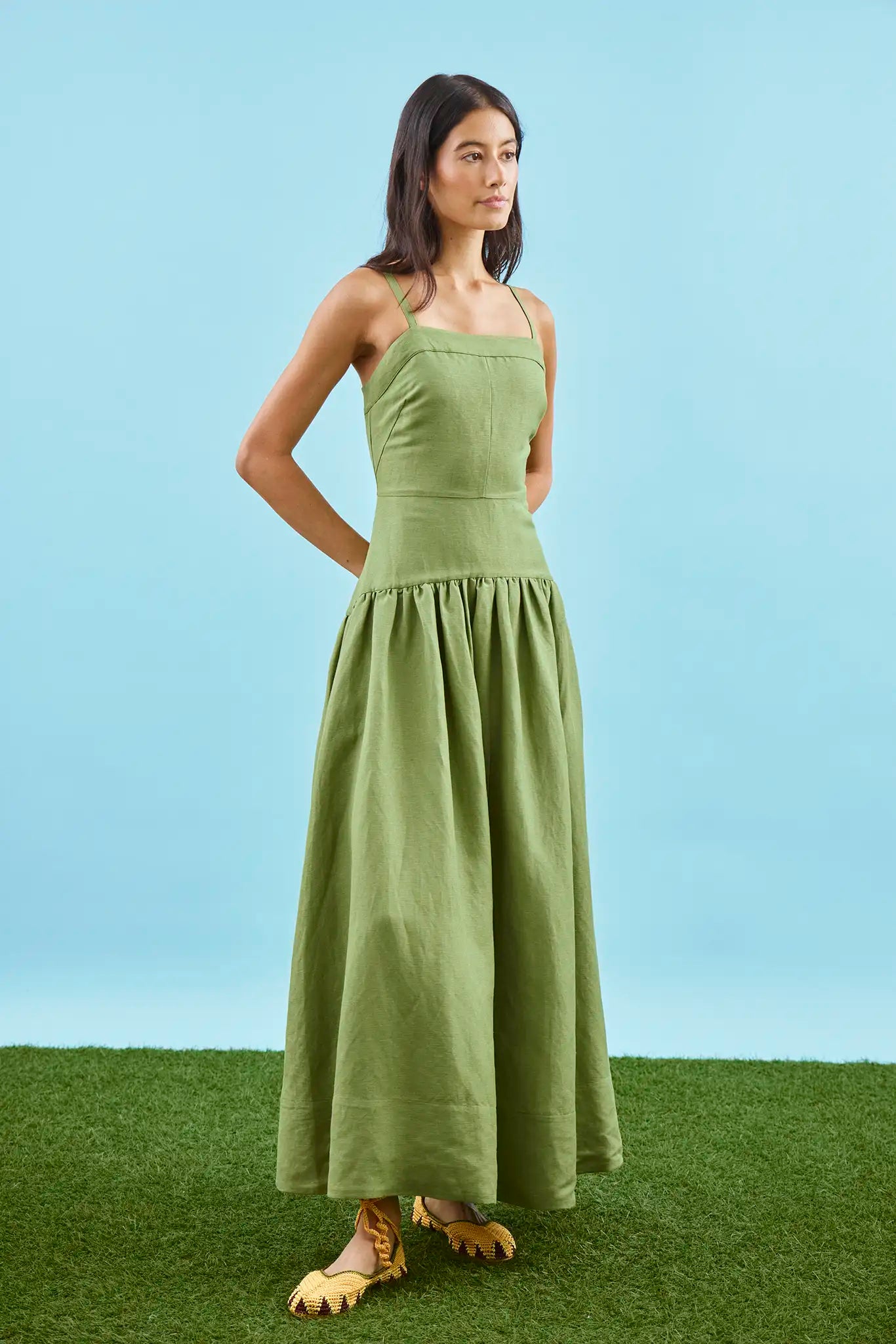 The Newberry Dress, spaghetti strap linen midi dress, in Glass Green.