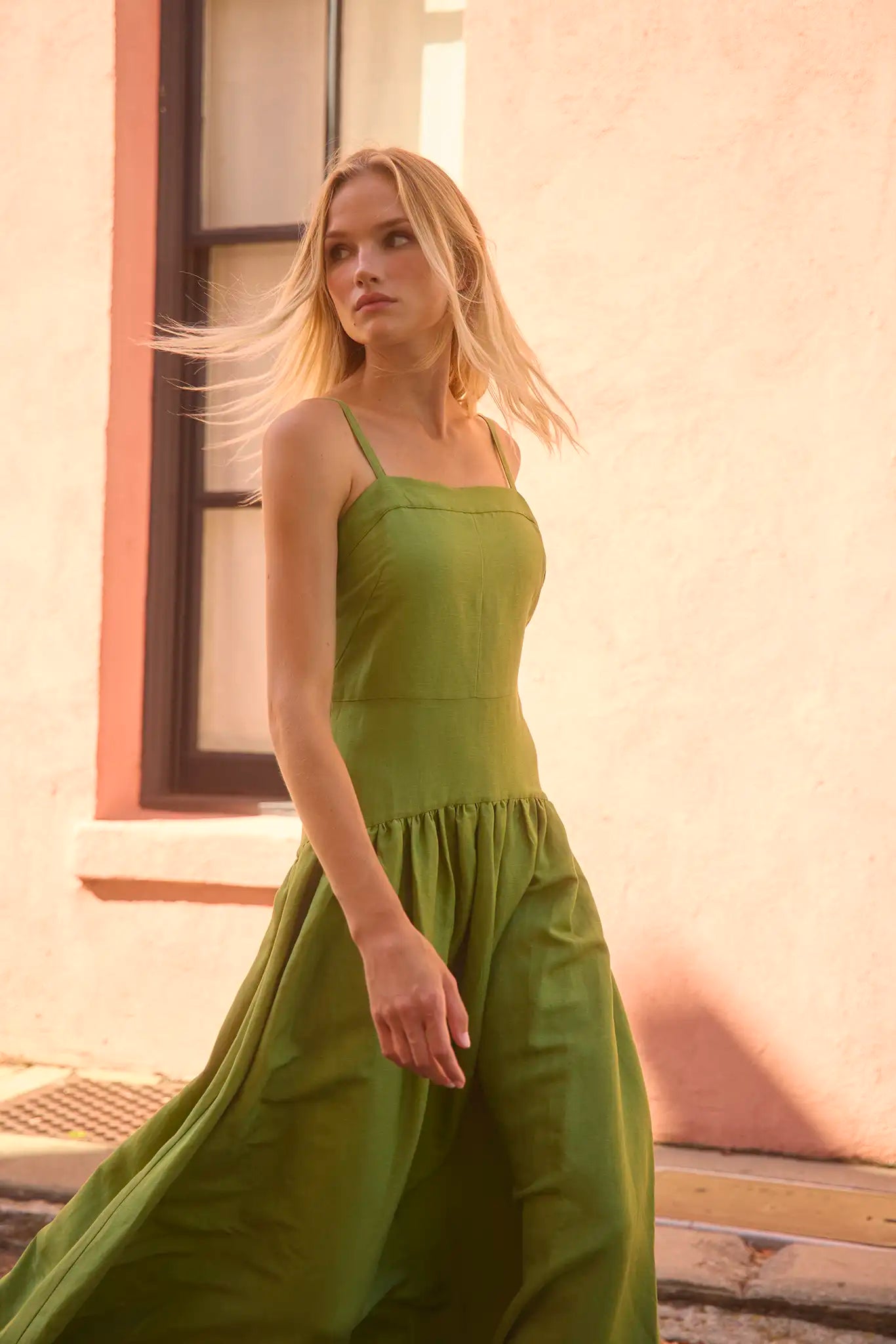 The Newberry Dress, spaghetti strap linen midi dress, in Glass Green.